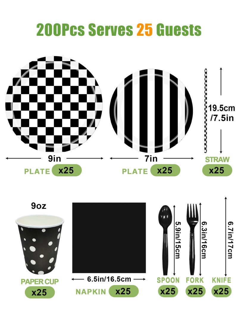 HomarKet 200 Pcs Disposable Paper Plates and Napkins,25 Guest Party Supplies Dinnerware Set Include Scalloped Paper Plates Napkin Cup Straw Plastic Spoon Fork Knive for Party,Wedding,Birthday (Black/White) - Image 2